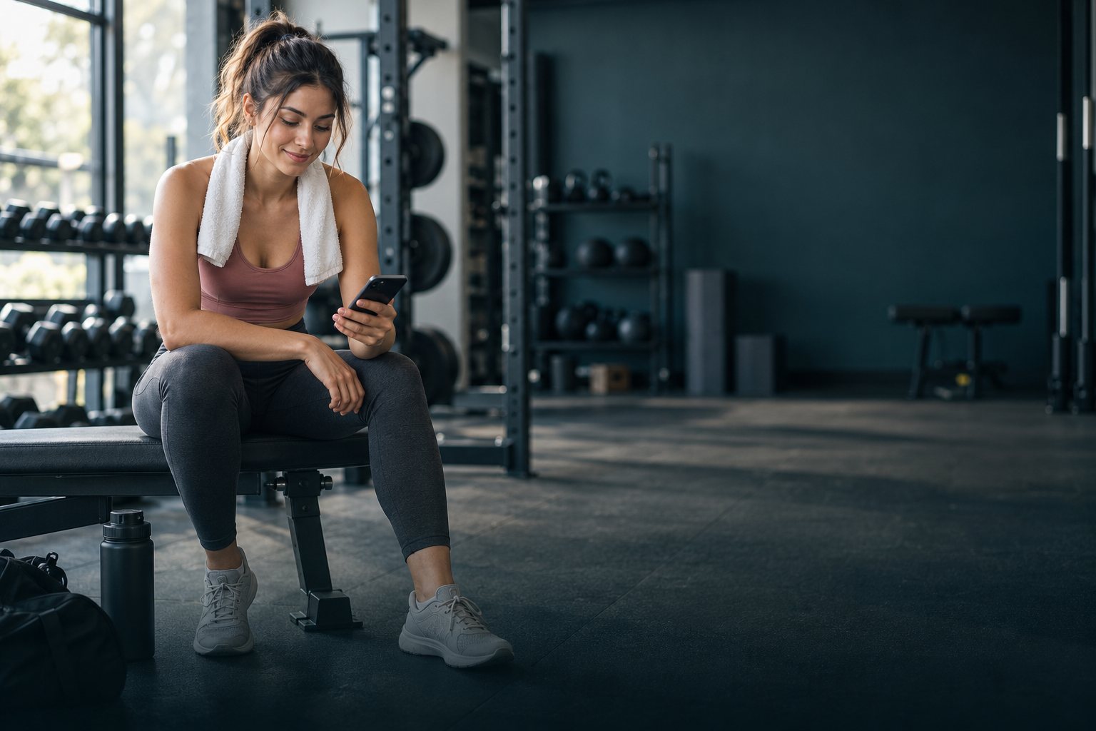 Illustrative gym scene with a beginner taking a break