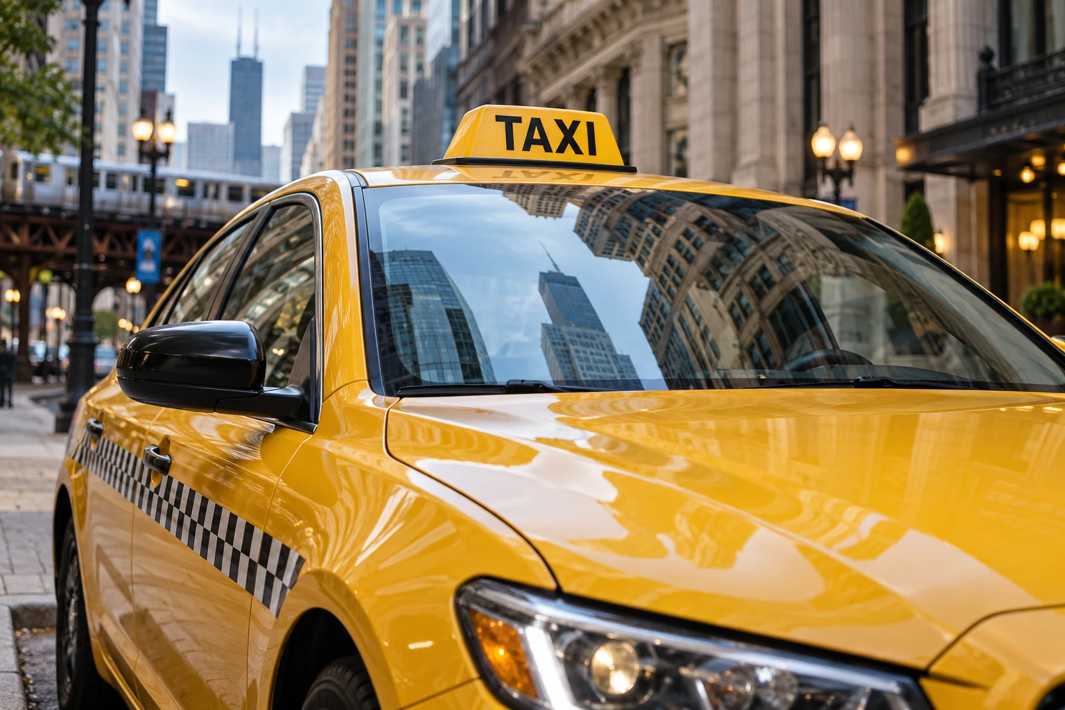 Illustrative Checker scene: a yellow taxi with a checker stripe and city reflections in its windshield.