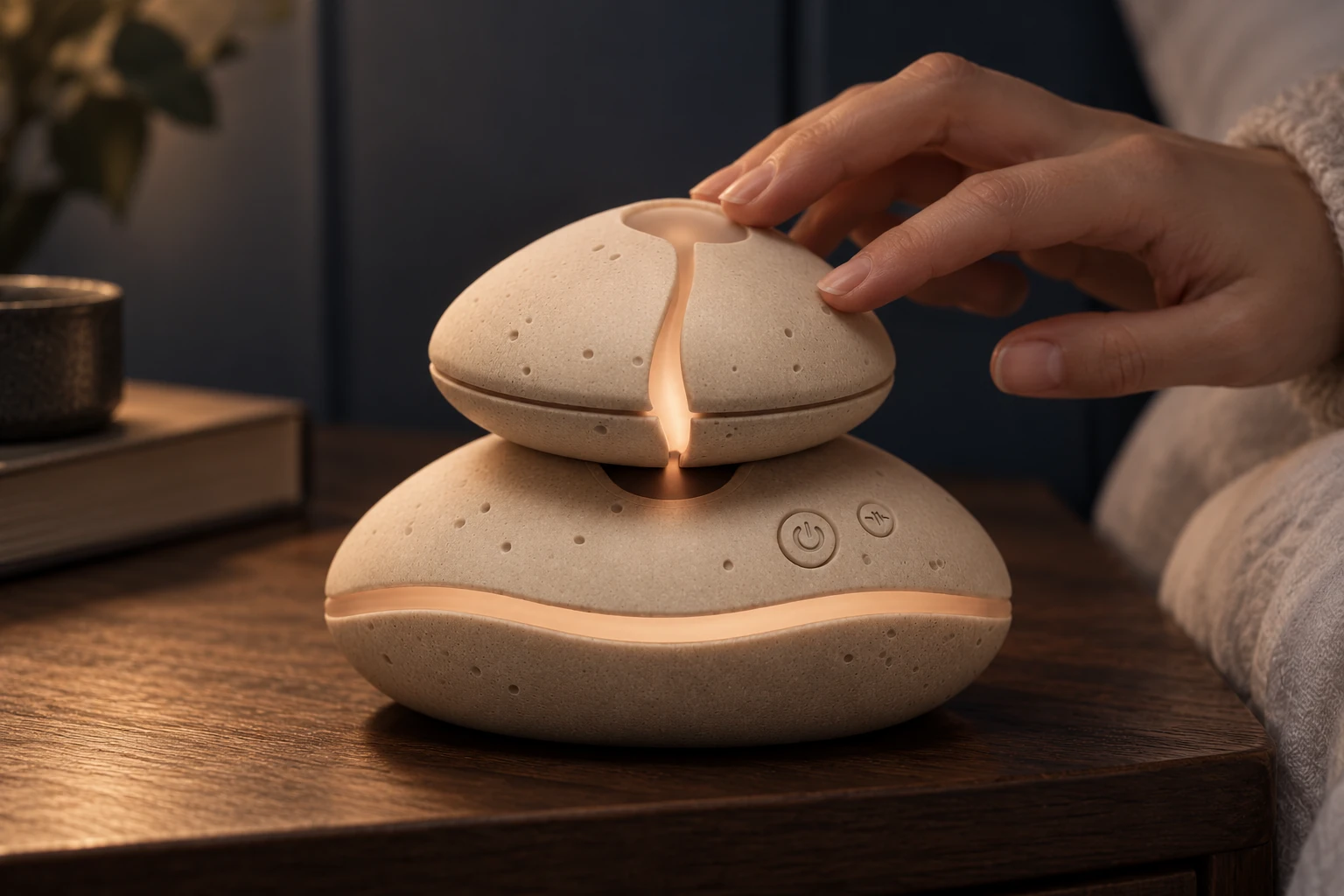 Concept visualization of the original Offlo stacked-stone sleep product, touched gently beside a bed.