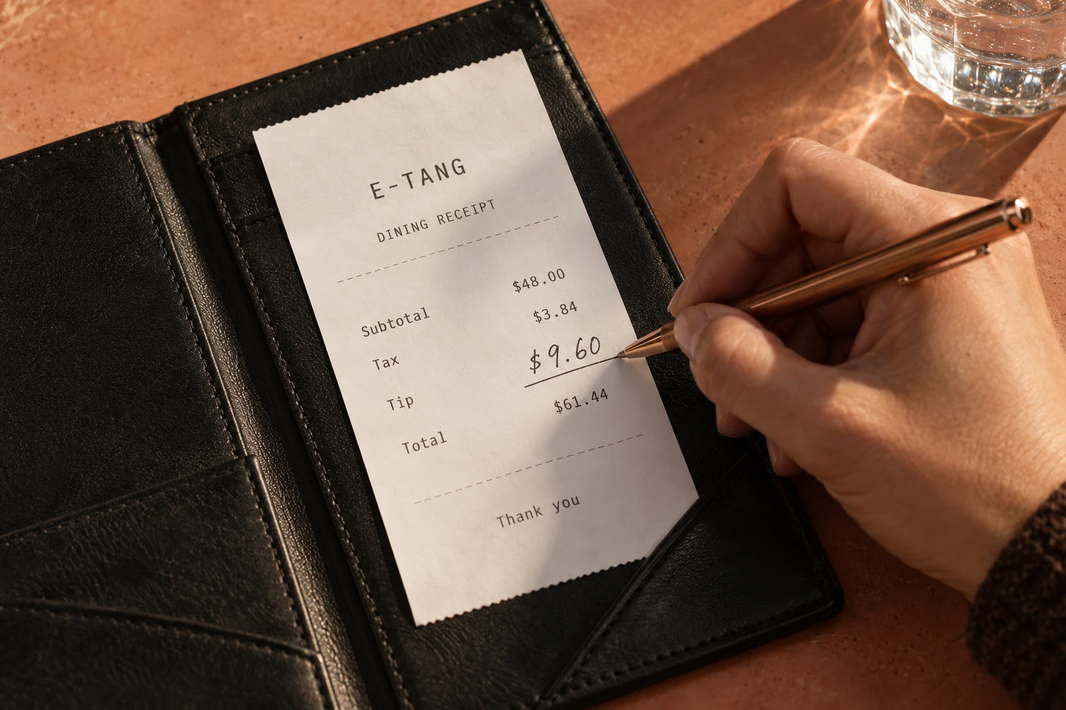 Illustrative TipEasy scene: a hand writes a tip on a restaurant receipt in a leather bill presenter.