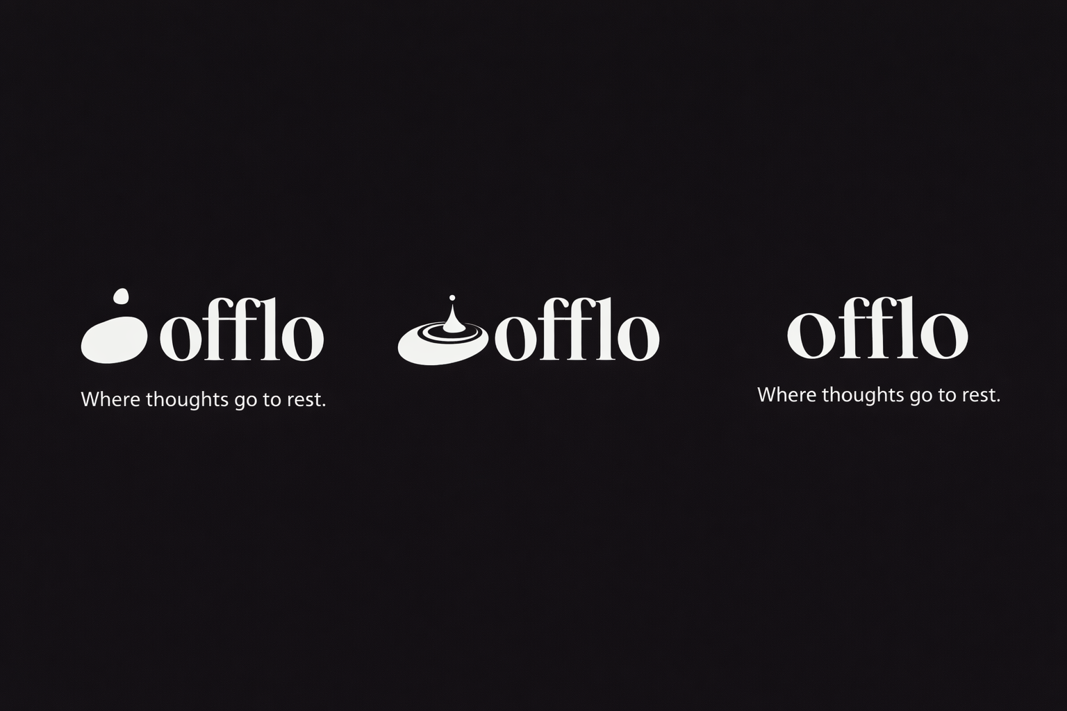 Original Offlo logo explorations: stone and droplet, ripple lockup and wordmark